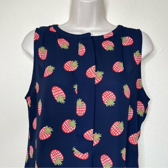 Loft Strawberry Sleeveless Navy Red Green Button Placket Popover Top Women Small - Picture 3 of 13